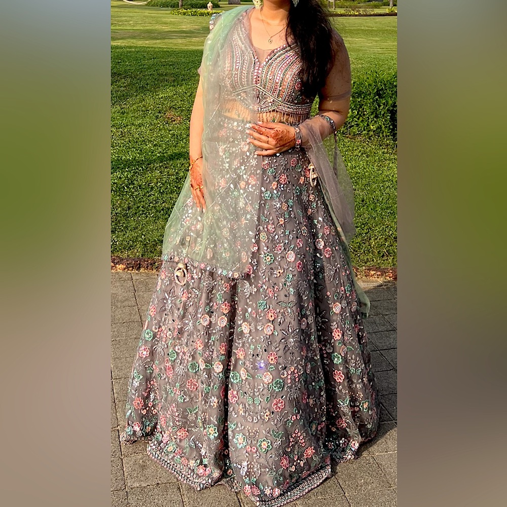 Gorgeous Gray and Green Indian Lengha